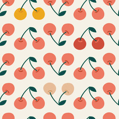 Vector simple cherry seamless pattern in light delicate colors. Fruit repeat texture for lingerie. Cherry fabric design.