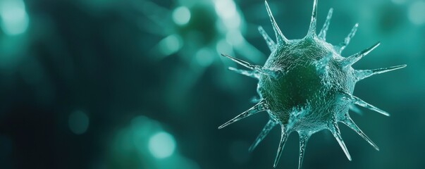 Microscopic view of a virus, illustrating intricate details and structure on a teal background.