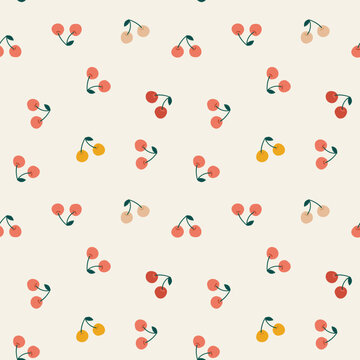 Vector simple cherry seamless pattern in light delicate colors. Fruit repeat texture for lingerie. Cherry fabric design.