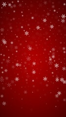 Magic falling snow christmas background. Subtle flying snow flakes and stars on christmas red background. Magic falling snow holiday scenery.   Vertical vector illustration.