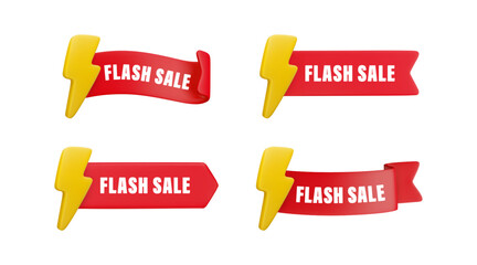 Vector cartoon 3d Flash sale badges set. Realistic 3d render red ribbons with text flash sale and lightning icon. Cute design element for web, social media concept, poster, discount promo banner, app.