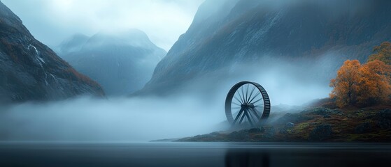 Misty mountain landscape with a vintage water wheel by the serene lake under a moody sky.