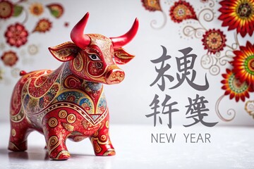Fototapeta premium Joyful Celebration of Chinese New Year with Abstract Red Ox Cow Patterns and Paisley Design on White Background for Year of the Ox Festivities