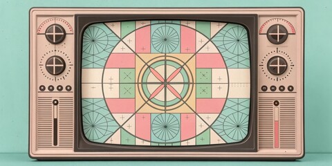 Test Pattern A vintage analog screen displays an intricate test pattern characterized by bold geometric shapes and soft pastel colors creating a sense of nostalgia for old media