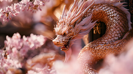 Obraz premium Golden Dragon Statue with Cherry Blossoms 3D Illustration
