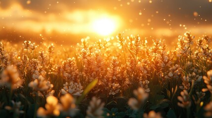 A close-up 3D rendering of wheat and clover in a countryside field.