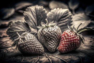 Fototapeta premium Black and White Engraving of Three Strawberries with Leaves and Stem - High Depth of Field, Vintage Style, Nature Illustration, Botanical Art, Fine Detail, Classic Design