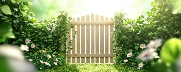 A serene garden gate surrounded by lush greenery and flowers, inviting viewers into a bright, enchanting space filled with nature's beauty.
