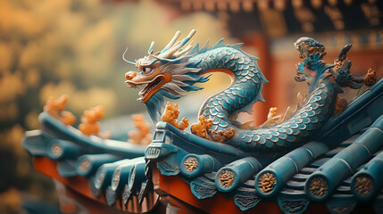 Obraz premium Teal Dragon Roof Decoration Illustration