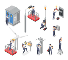 Isometric electricity workers. Male female electrical in uniform. Professionals working with rower lines, technician service flawless vector characters © MicroOne