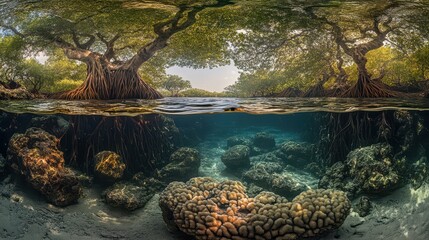 Ancient Mangrove Forest at High Tide: Intricate Roots and Crystal Clear Waters in a Split Shot, Capturing Both Above and Below Elements in National Geographic Style.