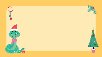 New year snake banner. Cute snake in santa claus hat, xmas tree and decorations. Template for children diploma, postcard, ad poster, vector design