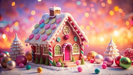 Charming Pink and White Gingerbread House on a Soft Pink Surface - Festive Decor, Sweet Treats, Holiday Vibes, Whimsical Design, Cozy Atmosphere, Baking Inspiration, Seasonal Delight