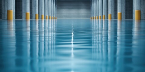 Spacious warehouse interior with reflective water surface and columned structure, creating a serene atmosphere.