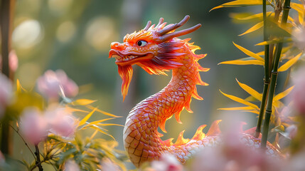 Fototapeta premium Dragon Statue in a Garden Illustration