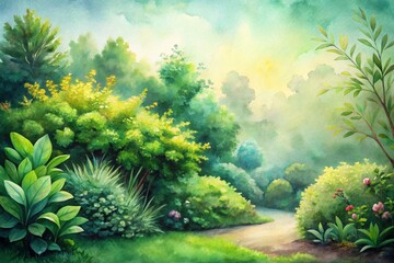 Lush Green Bushes in Watercolor Style with Soft Pastel Hues and Delicate Textures - Perfect for Nature-Inspired Art or Backgrounds with Ample Copy Space