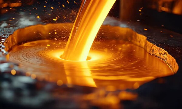 Molten metal being poured, showcasing a vibrant orange liquid in a foundry setting.