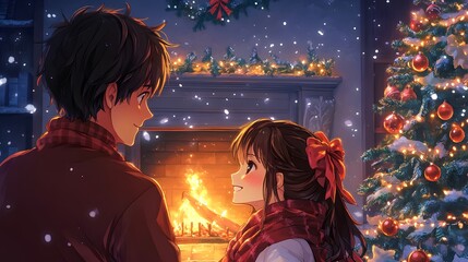 A joyful couple embracing the holiday spirit by a cozy fireplace.