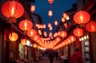 Chinese lanterns in the streets of the old town at night.