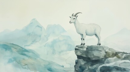 Serene mountain landscape with watercolor goat illustration for nature and art enthusiasts