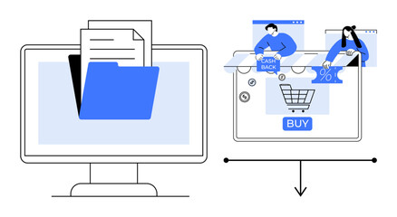 Computer monitor with digital files beside another monitor showing online shopping and cashback rewards. Ideal for digital transformation, online business, e-commerce, internet usage, modern