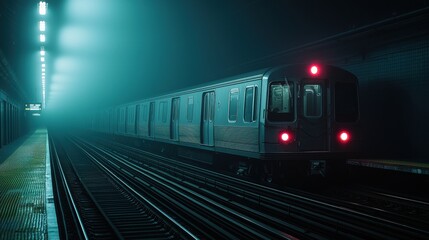 Naklejka premium Subway train arriving in a dimly lit, foggy station with glowing lights and tracks.