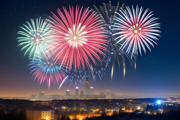 Fototapeta premium Colorful fireworks on night sky background. Celebration and holidays concept. Independence Day 4th of July, New Year, festival. Bright explosions of lights in sky. Place for your text.
