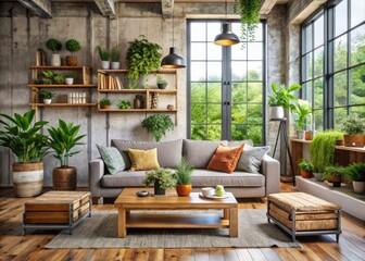 Fototapeta premium Contemporary Interior Design with Upcycled Furniture, Eco-Friendly Decor, Modern Aesthetics, Sustainable Living Space, Stylish Home Interiors, Green Design Inspiration