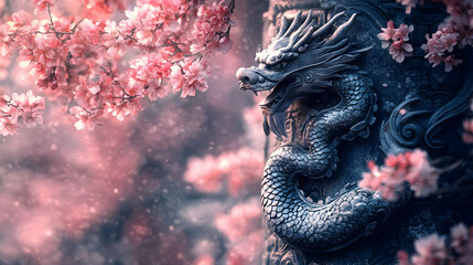 Fototapeta premium Dragon Statue in Cherry Blossom Tree Illustration