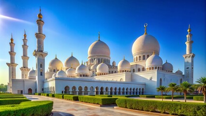 Obraz premium Majestic Abu Dhabi Islamic Mosque: Stunning Architectural Marvel with Intricate Details and Expansive Copy Space for Text Integration