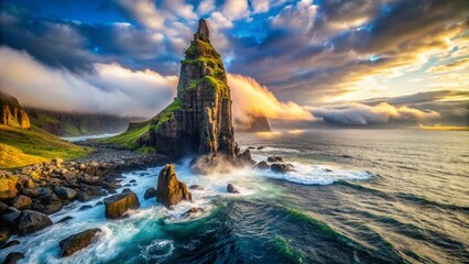 Obraz premium Majestic Basalt Rock Tower Rising from the Ocean with Misty Background in Stunning Natural Landscape - Perfect for Travel Blogs, Magazines, and Articles on Scenic Beauty
