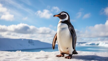 Obraz premium A penguin in the snow against a backdrop of azure skies
