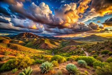 Majestic Clouds Above the Rolling Hills of El Sargento, Baja California Sur, Mexico: A Scenic Landscape Captured with Stunning Detail and Vibrant Colors