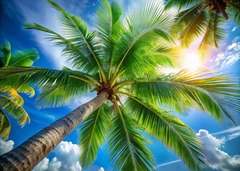 Obraz premium Majestic Coconut Trees Swaying in the Wind Against a Bright Blue Sky on a Tropical Island with a Beautiful Copy Space for Text or Branding Use