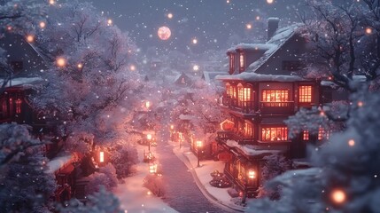 A serene winter night in a quaint village with snow-covered trees and glowing lanterns.