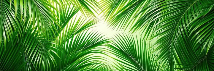 Fototapeta premium Lush tropical palm leaves creating a vibrant green background, outdoor, foliage