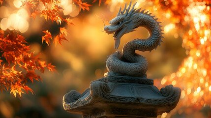 Fototapeta premium Stone Dragon Statue in Autumnal Garden Illustration