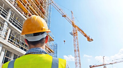 Fototapeta premium Construction worker looking at crane.