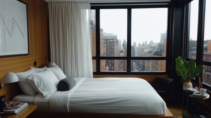 Minimalist Hotel Room with City View: A sleek, minimalist hotel room featuring a floor-to-ceiling window showcasing a breathtaking cityscape. Modern hotel room interior. 