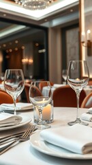Luxurious table setting with fine china, elegant silverware, and crystal glasses in an upscale restaurant, crystal glasses, exquisite, upscale
