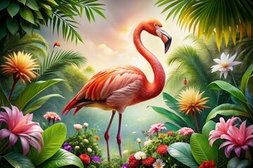 Fototapeta premium Majestic Flamingo in a Lush Tropical Environment on a Crisp White Background, Perfect for Nature and Wildlife Enthusiasts, Showcasing Vibrant Colors and Exotic Vibes