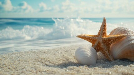 Starfish surrounded by seashells on a sunny day at the beach