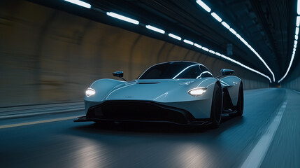 Obraz premium Sports Car Driving Through Dimly Lit Tunnel