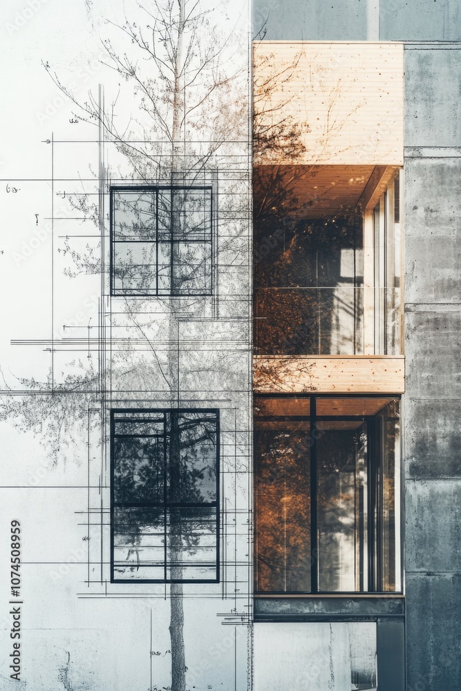 Poster A simple illustration of a building with a tree standing in front of it, great for background or decoration