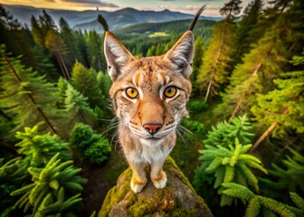 Obraz premium Majestic Lynx in Natural Habitat Captured by Drone Photography, Showcasing the Wild Beauty of These Elusive Creatures in Stunning 4K Detail and Vibrant Colors