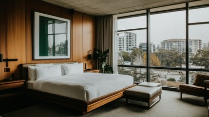 Minimalist Hotel Room with City View: A sleek, minimalist hotel room featuring a floor-to-ceiling window showcasing a breathtaking cityscape. Modern hotel room interior. 