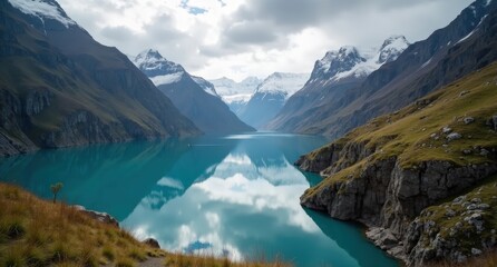 Obraz premium Aysén Fjords, Chilean Patagonia, steep cliffs rising from calm fjord waters under cloudy skies, capturing the remote and serene beauty of Chile’s fjords.