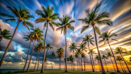 Obraz premium Majestic Palm Trees Looming Over Soft Low Clouds in a Serene Long Exposure Scene, Capturing the Tranquility of Nature at Dusk with a Dreamy Atmosphere
