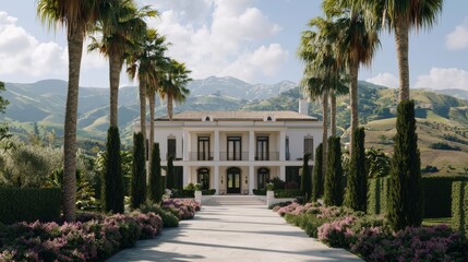 Luxury Villa with Palm Trees and Mountain Views.