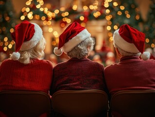 Three seniors in Santa hats enjoy a cozy Christmas gathering with festive decorations.